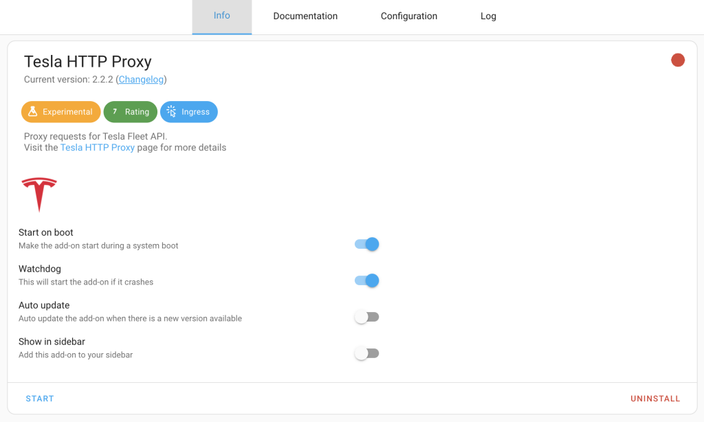 Tesla HTTP Proxy Info screen